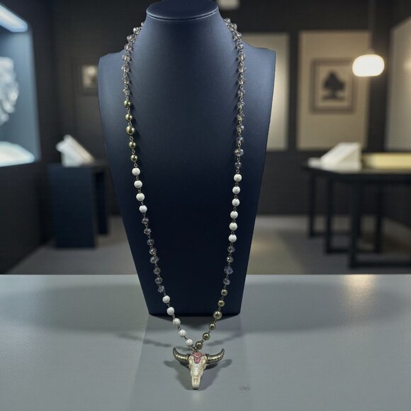 Shyanne Long Beaded Bull Skull Necklace Western Boho Cowgirl Country Rodeo Style - Picture 1 of 6